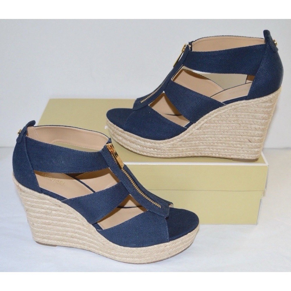 Michael Kors Berkley Navy Blue Canvas Front Zip Espadrille Wedge Sandals Size 7M - Picture 3 of 8